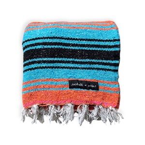 Sackcloth & Ashes Pink Blue White Mexican Southwestern Striped Fringed Blanket